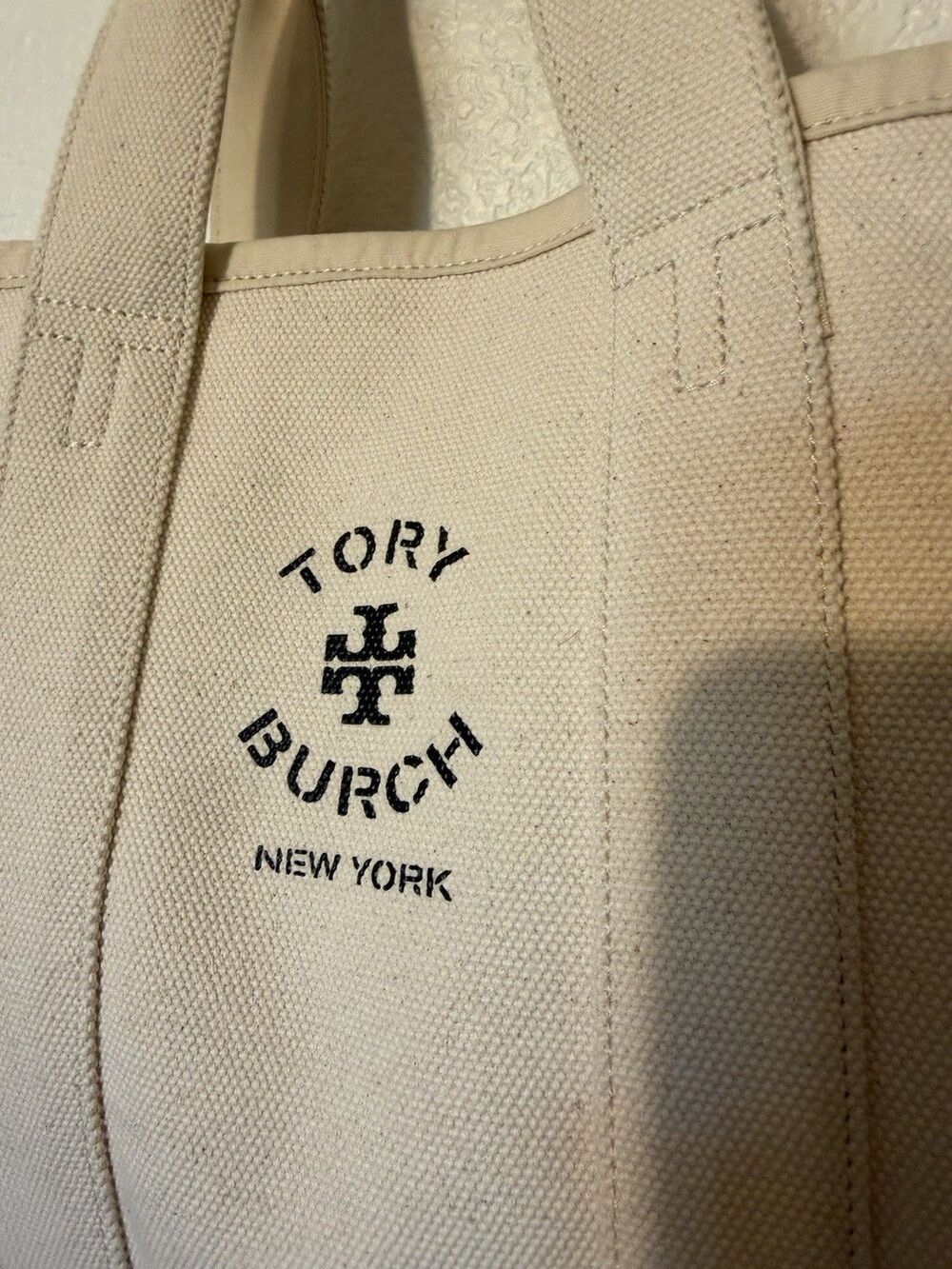 Tory Burch Large Canvas Tote Natural/Navy Blue Trim Market Shopper Beach 17x13 - Picture 3 of 15